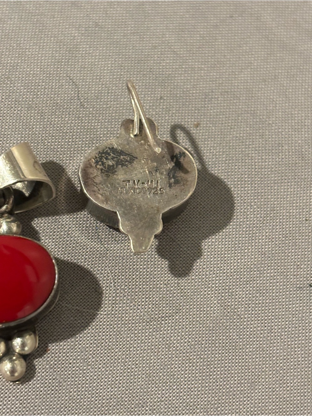 Vintage Taxco signed Mexico Sterling Silver Red Coral Pendant and Earrings Set - Picture 2 of 5